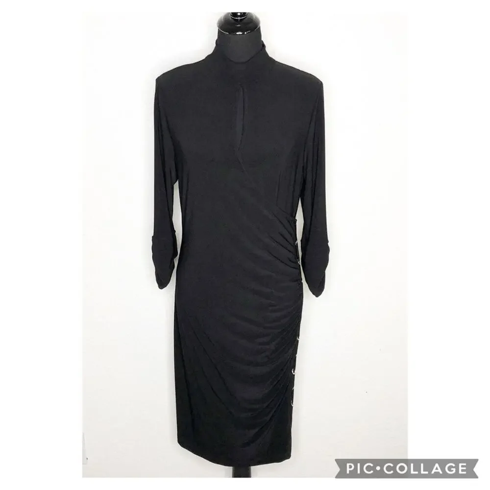 Frank Lyman Design black faux wrap rhinestone button midi dress size US 14